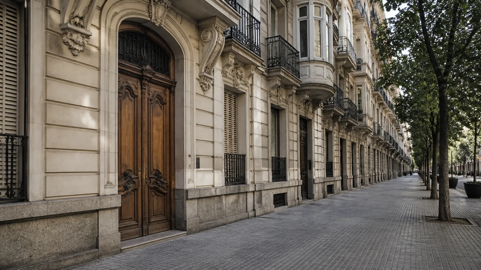 Portal de piedra y balcones de hierro en una calle del ensanche de Valencia