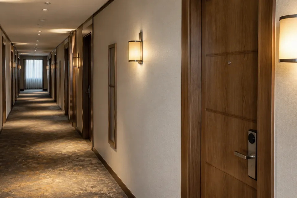 Pasillo de hotel en Valencia con puertas y cerraduras listas para cerrajería